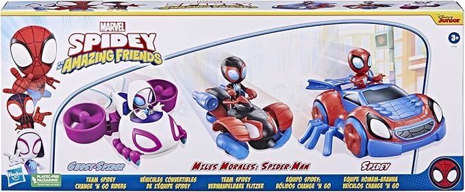 Spidey and His Amazing Friends Team Spidey Change ‘N Go Riders Playset, 3 Toy Cars and Action Figures, Marvel Super Hero Toys for 3 Year Old Boys and Girls and Up (Amazon Exclusive) - Figurio