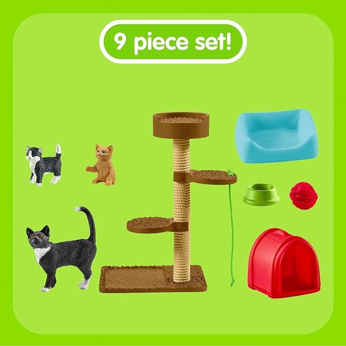 Schleich Farm World Cute Cats and Kittens Playtime Figurine Set - 9-Piece Realistic Momma Cat and Baby Kitten Figurine Large Playset forToddlers, Boys and Girls, Gift for Kids Ages 3+ - Figurio