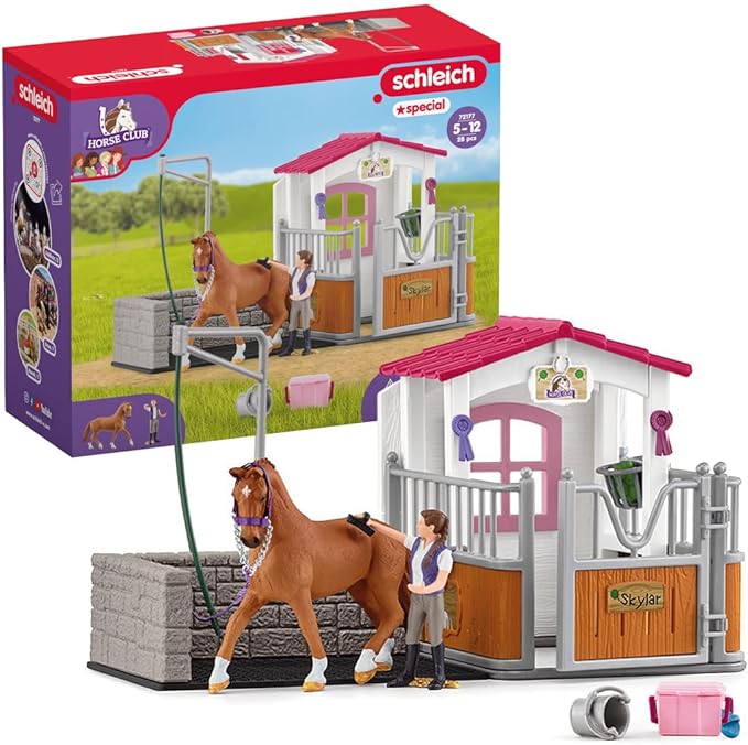 Schleich Horse Club 13-Piece Toy for Girls and Boys Ages 5+, Horse Wash Area with Stall (72177) Multi-Color - Figurio