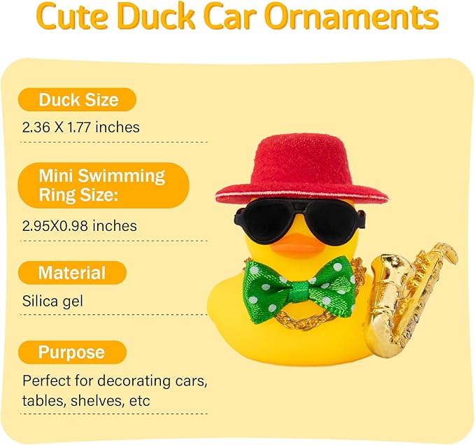 wonuu Rubber Duck Car Ornaments Cute Car Accessories for Duck Car Dashboard Decorations with Bow Tie TOP Hat Necklace and Musical Instruments, Red hat green tie - Figurio