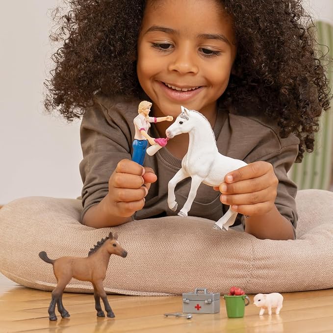 Schleich Farm World 9pc. Vet Visit Playset with Piglet, Mare, and Foal Horse Figurines - Detailed and Durable Farm Animal Toy Set, Fun and Educational Play for Boys and Girls, Gift for Kids Ages 3+ - Figurio