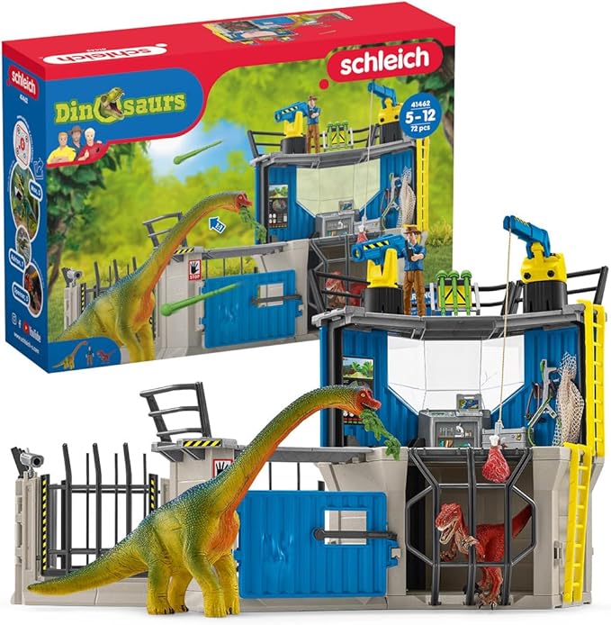 Schleich Dinosaur Toys Science Playset - 33-Piece Set Research Station with Brachiosaurus, Velociraptor, Men Scientist Action Figures, and Dart Cannon, Kids Figurines for Ages 4 and Above - Figurio