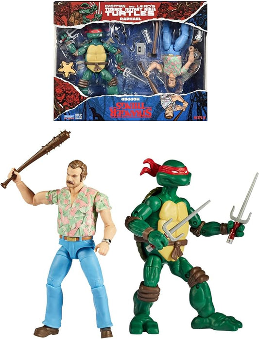 BANDAI 2 Pack | Teenage Mutant Ninja Turtles Raphael Vs Stranger Things Hopper Action Figures | 6'' and Turtle with Articulation, P81192 | Multicolor - Figurio