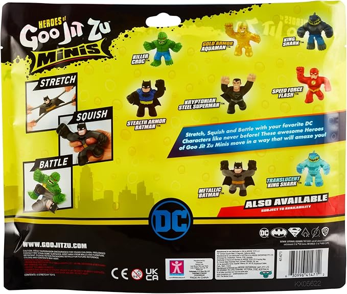 Heroes of Goo Jit Zu Licensed DC Minis - 6 Pack - 2.5'' Tall - Stealth Armor Batman, Gold Armor Aquaman, Speed Force Flash, Killer Croc, King Shark and Kryptonian Steel Superman - Figurio