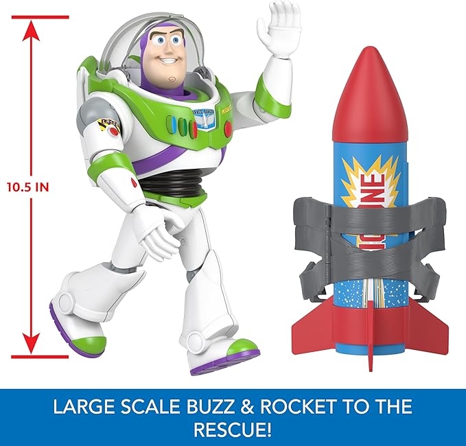 Mattel Disney Pixar Toy Story Buzz Lightyear 10-inch Action Figure Toy with Rocket & 20 Plus Phrases & Sounds, Rocket Rescue Pack Buzz Pack - Figurio