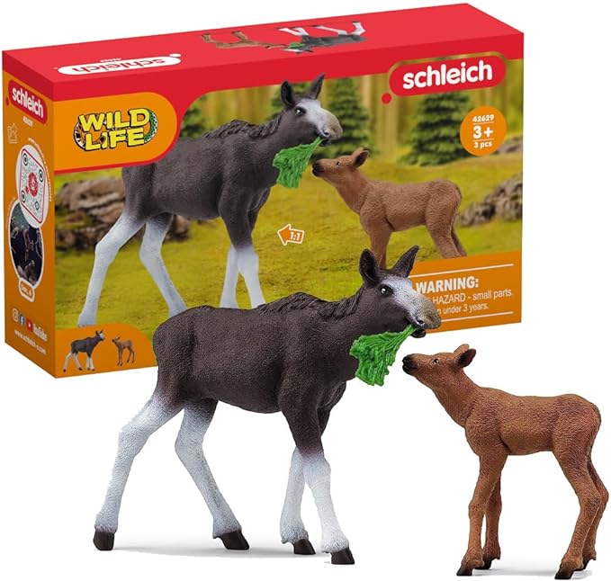 Schleich Wild Life Mother Moose and Calf Playset - North American Forest Animal Toys Playset with Realistic Natural Mother Moose and Baby Calf, Gift for Toddlers, Kids, Boys, and Girls Ages 3 and Up - Figurio