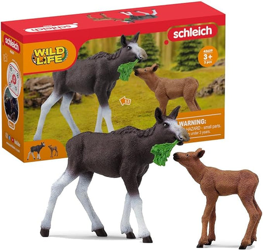 Schleich Wild Life Mother Moose and Calf Playset - North American Forest Animal Toys Playset with Realistic Natural Mother Moose and Baby Calf, Gift for Toddlers, Kids, Boys, and Girls Ages 3 and Up - Figurio