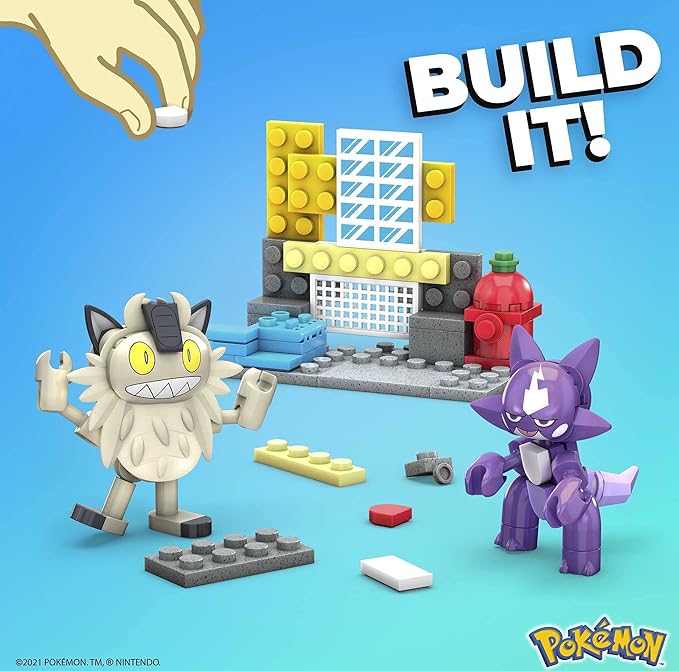 Mega Pokémon Action Figures Building Toy Collectible Toxel vs. Galarian Meowth with Great Ball - Figurio