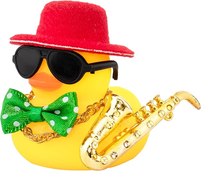 wonuu Rubber Duck Car Ornaments Cute Car Accessories for Duck Car Dashboard Decorations with Bow Tie TOP Hat Necklace and Musical Instruments, Red hat green tie - Figurio