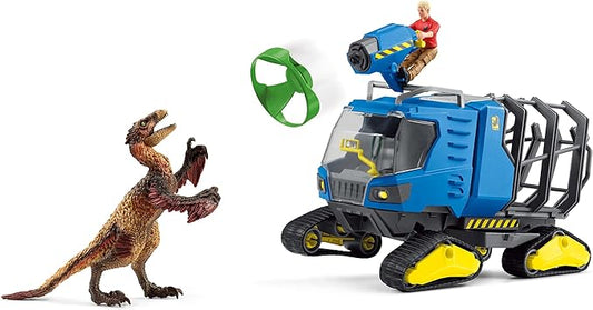 Schleich Dinosaurs Realistic Dakotaraptor and Truck with Scientist Figurine Playset - Jurassic Collection Dinosaur Action Figure and Vehicle with Scientist for Boys and Girls, Gift for Kids Age 4+ - Figurio