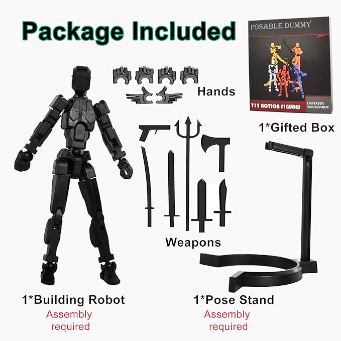 Creative Action Figure with Pose Stand,Building Toy Sets,3D Robot,Lucky Puppet Joints for Boys,Girls,Men,Women,Multi-Jointed Moveable Dummy Desk Decoration,Desktop Ornament for Game Lover (Black) - Figurio