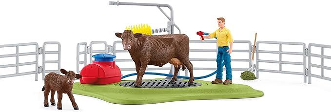 Schleich Farm World, Farm Animal Toys for Kids, Happy Cow Wash with Cow Toys and Working Wash Area 16-Piece Set, Ages 3+ - Figurio