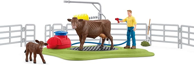 Schleich Farm World, Farm Animal Toys for Kids, Happy Cow Wash with Cow Toys and Working Wash Area 16-piece set, Ages 3+ - Figurio