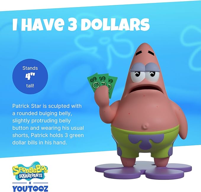 I Have 3 Dollars, 4" Patrick Collectible Figure, Based on Funny Internet Meme, High Detailed Collectible Figure - Youtooz Spongebob Squarepants Collection Based on Cartoon TV Series - Figurio