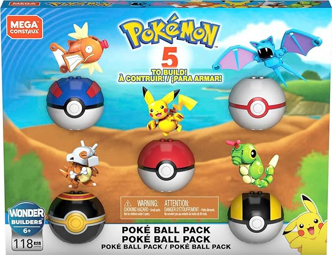 MEGA Pokémon Action Figure Building Toys Set for Kids, Poké Ball Bundle with 118 Pieces, 5 Poseable Characters Including Pikachu and More - Figurio