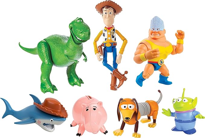 Mattel Disney and Pixar Toy Story Set of 7 Action Figures with Woody, Slinky, Rex, Hamm, Alien, Rocky & Shark, Mattel Disney100 Collectible - Figurio