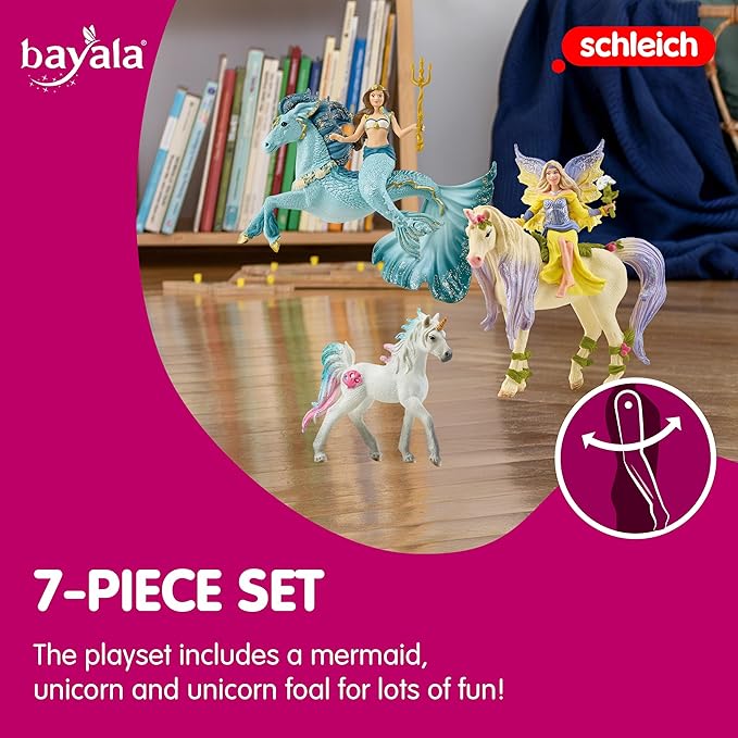 Schleich bayala 5-Piece Starter Set - Fairy Feya, Mermaid Eyela, with Unicorn, Pegasus, and Seahorse Playset - Magical and Colorful Toy Set, Enchanting Gift for Boys and Girls, Kids Age 5+ - Figurio