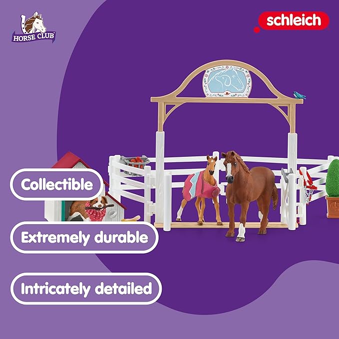 Schleich Horse Club — Hannah's Guest Horses Playset, 20-Piece Horse Stable Toy Set Including Mare, Foal, Hannah Doll and Dog Figurine, Horse Toys for Girls and Boys Ages 5+ - Figurio