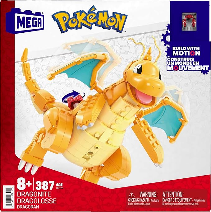 MEGA Pokémon Building Toys Set Dragonite with 388 Pieces, Articulated and Poseable with Motion, 7 Inches Tall, for Kids - Figurio