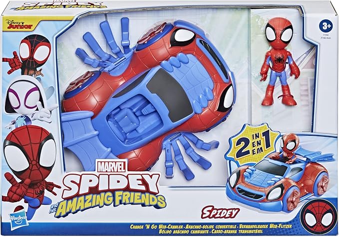 Spidey and His Amazing Friends Marvel Change 'N Go Web-Crawler and Spidey Action Figure, 2-in-1 Vehicle, 4-Inch Figure, for Kids Ages 3 and Up - Figurio