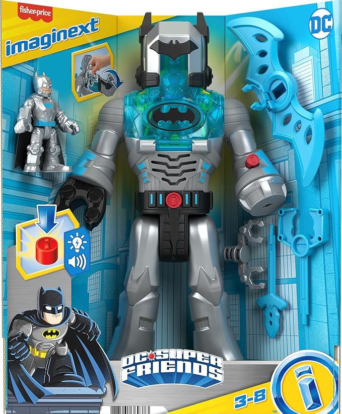 Fisher-Price Imaginext DC Super Friends Batman Toy Insider & Exo Suit 12-Inch Robot with Lights Sounds & Figure for Ages 3+ Years, Defender Grey - Figurio