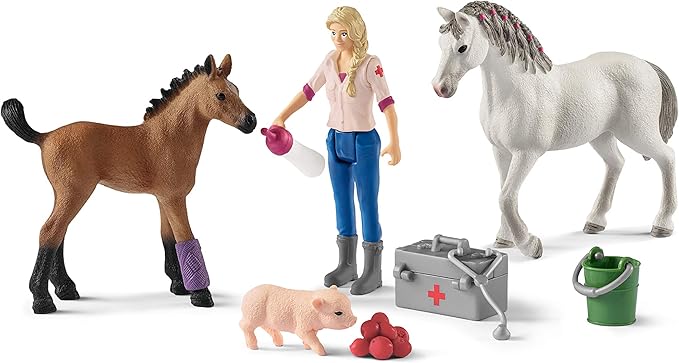 Schleich Farm World 9pc. Vet Visit Playset with Piglet, Mare, and Foal Horse Figurines - Detailed and Durable Farm Animal Toy Set, Fun and Educational Play for Boys and Girls, Gift for Kids Ages 3+ - Figurio