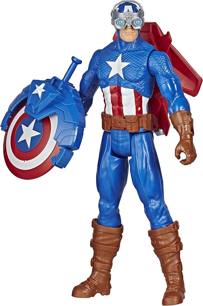 Avengers Marvel Titan Hero Series Blast Gear Captain America, 12-Inch Toy, with Launcher, 2 Accessories and Projectile, Ages 4 and Up , Blue - Figurio