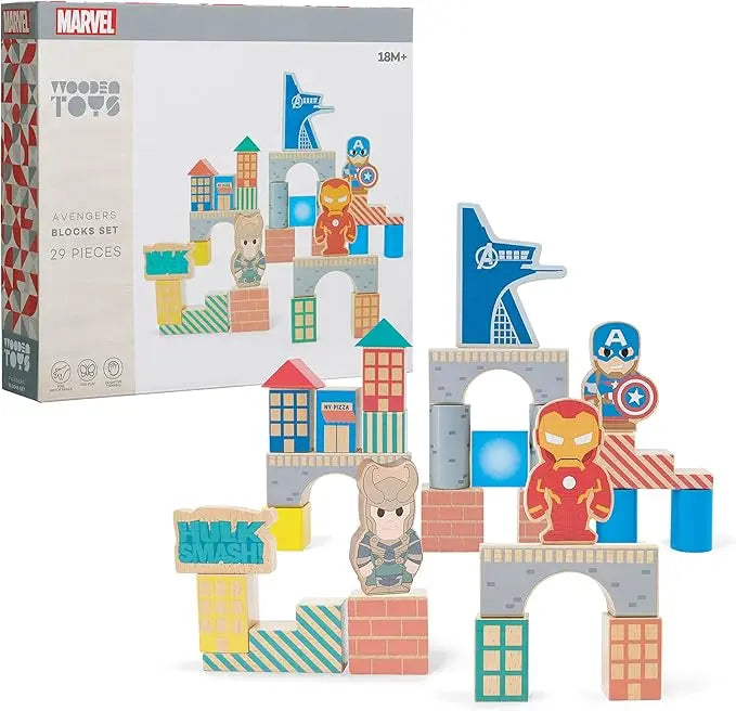 Just Play Disney Marvel Wooden Toys Avengers 29-piece Building Blocks Set, Officially Licensed Kids Toys for Ages 18 Month, Amazon Exclusive, Multi-color - Figurio