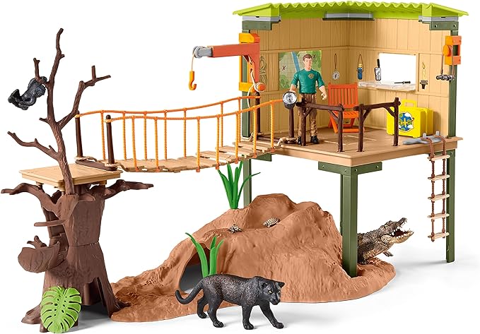 Schleich Wild Safari Ranger Adventure Station Wildlife Action Playset - Safari Animals Tree Toys Playset with Alligator, Panther, Safari Base, Guide Figurine, and More, Gift for Boys and Girls Ages 3+ - Figurio