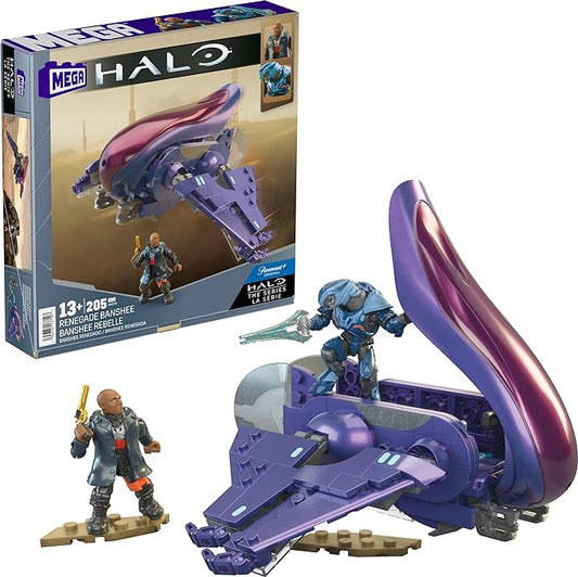 Mega Halo The Series Vehicle Building Toys Set, Renegade Banshee Aircraft with 205 Pieces, 2 Micro Action Figures, Purple, Kids and Fans - Figurio