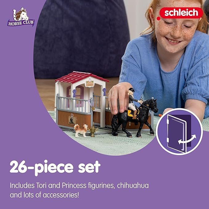 schleich HORSE CLUB — Horse Box with HORSE CLUB Tori & Princess, 26 Piece Horse Stable Play Set, Functional Horse Toys for Girls and Boys Ages 5+ - Figurio