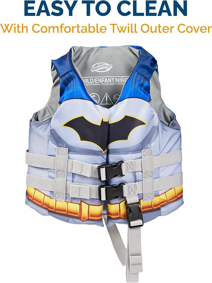 SwimWays DC Swim Trainer Life Jacket, US Coast Guard Approved Life Vest Kids Swim Vest, Pool Floats & Life Jackets for Kids 33-55 lbs, Batman - Figurio