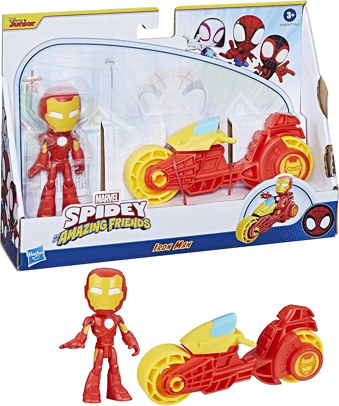 Spidey and his Amazing Friends, Iron Man Action Figure & Toy Motorcycle Playset, Marvel Super Hero Preschool Toys for Kids 3 and Up - Figurio