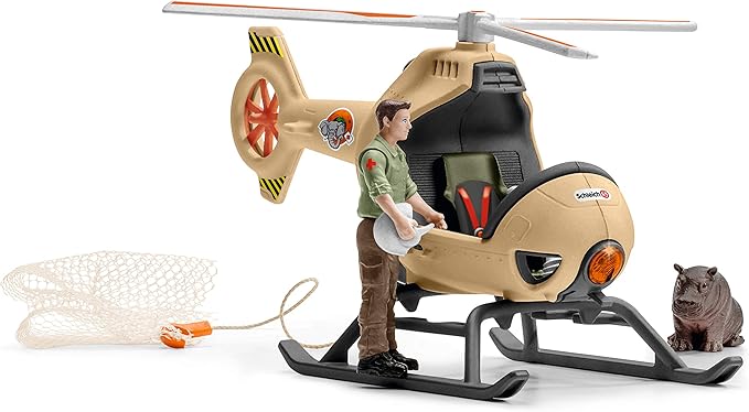 Schleich Wild Life 8pc. Animal Rescue Helicopter Playset with Lion and Hippo Figurines - Highly Detailed Wild Animal Playset, Durable for Education and Fun Play, Perfect for Boys and Girls, Ages 3+ - Figurio