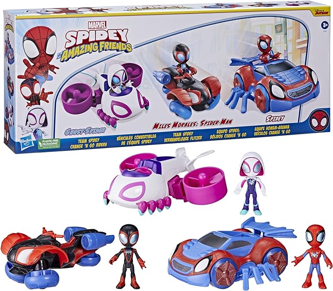 Spidey and His Amazing Friends Team Spidey Change ‘N Go Riders Playset, 3 Toy Cars and Action Figures, Marvel Super Hero Toys for 3 Year Old Boys and Girls and Up (Amazon Exclusive) - Figurio