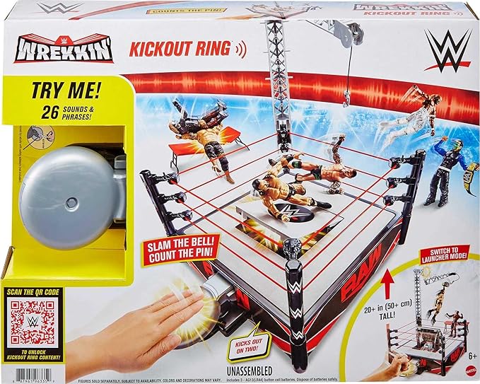 Mattel WWE Kickout Ring Wrekkin Playset with Randomized Ring Count, Springboard Launcher, Crane, Mattel WWE Championship & Accessories, 13-Inch x 20-Inch Ring - Figurio