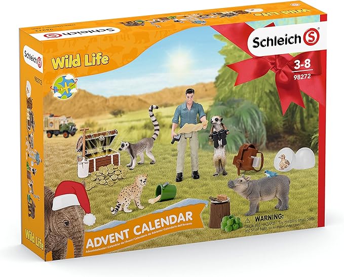 Schleich Wild Life Advent Calendar Surprise Animal Toy Set with Adventure Figurine - Wild Animal Playset with Baby Hippo, Cheetah, Lemur, Elephant, Meerkat, Scientist and More, Gift for Kids Ages 5+ - Figurio