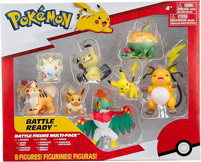 Pokémon Battle Figure 8 Pack - Features 2-Inch Pikachu, Eevee, Appletun, Growlithe, Mimikyu, Togepi, 3-Inch Raichu & Hawlucha - Authentic Details - Figurio