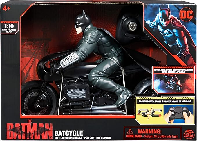 DC Comics, The Batman Batcycle RC with Batman Rider Action Figure, Official Batman Movie Styling, Kids Toys for Boys and Girls Ages 4 and Up - Figurio