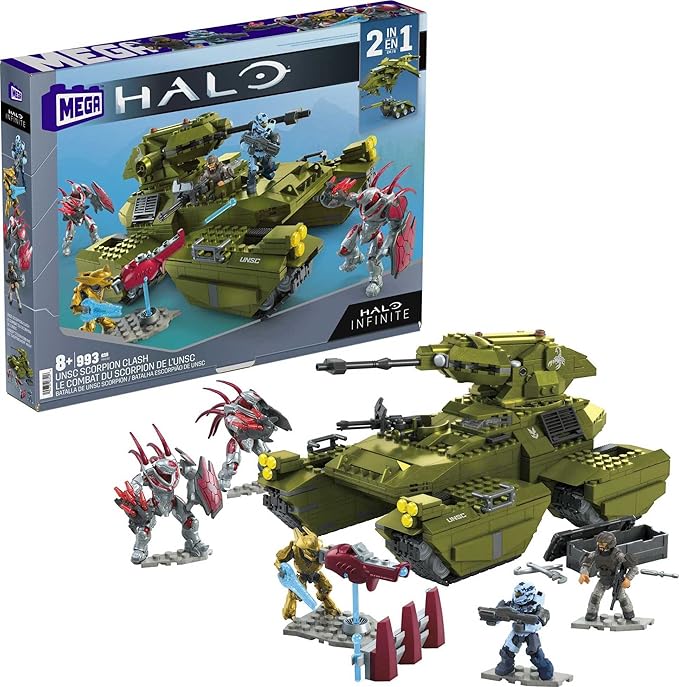 MEGA Halo Toy Building Sets, UNSC Scorpion Clash Tank with 993 Pieces, 5 Micro Action Figures and Display Stands, for Collectors - Figurio