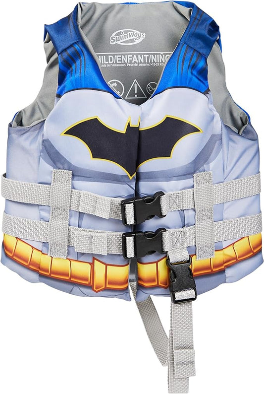 SwimWays DC Swim Trainer Life Jacket, US Coast Guard Approved Life Vest Kids Swim Vest, Pool Floats & Life Jackets for Kids 33-55 lbs, Batman - Figurio