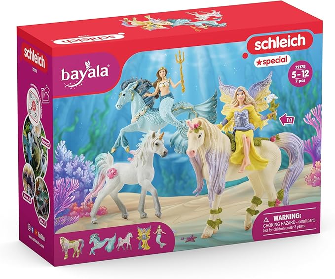 Schleich bayala 5-Piece Starter Set - Fairy Feya, Mermaid Eyela, with Unicorn, Pegasus, and Seahorse Playset - Magical and Colorful Toy Set, Enchanting Gift for Boys and Girls, Kids Age 5+ - Figurio