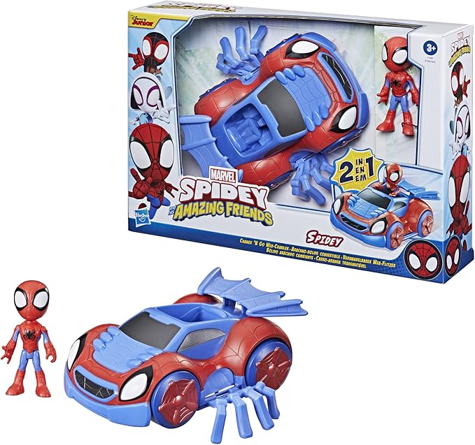 Spidey and His Amazing Friends Marvel Change 'N Go Web-Crawler and Spidey Action Figure, 2-in-1 Vehicle, 4-Inch Figure, for Kids Ages 3 and Up - Figurio