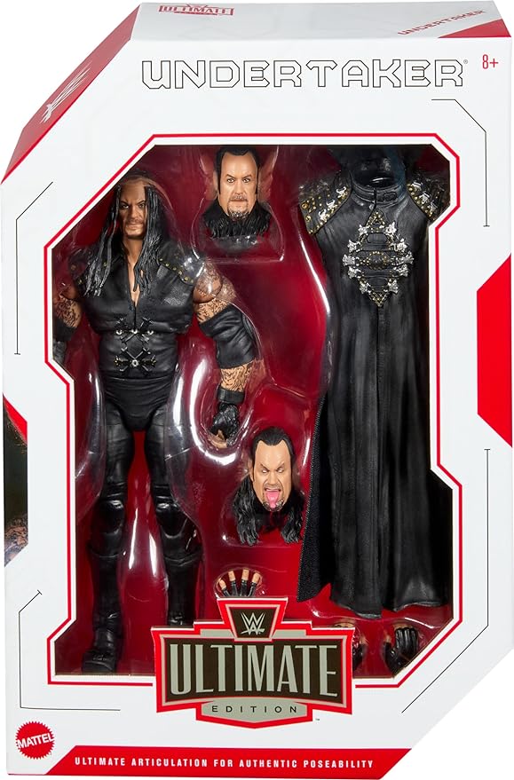 Mattel WWE Ultimate Edition Action Figure & Accessories, 6-inch Undertaker Collectible Set, Swappable Heads & Hands, Entrance Gear & 30 Articulation Points - Figurio