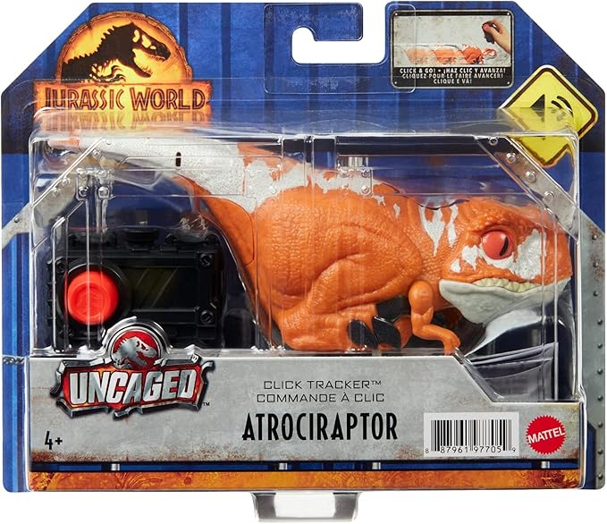 Mattel Jurassic World Toys Dominion Uncaged Click Tracker Atrociraptor Dinosaur Action Figure, Toy Gift with Interactive Motion and Sound, Clicker Control (Red) - Figurio