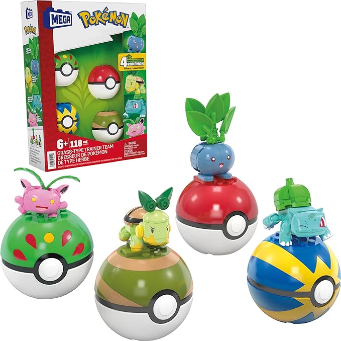 Mega Pokémon Building Toys Set Grass-Type Trainer Team with 118 Pieces, 4 Poseable Character, 2 Inches Tall, for Kids - Figurio