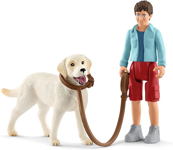 Schleich Farm World, Animal Toys for Boys and Girls Ages 3-8, 3-Piece Playset, Dog Walker with Labrador Retriever - Figurio