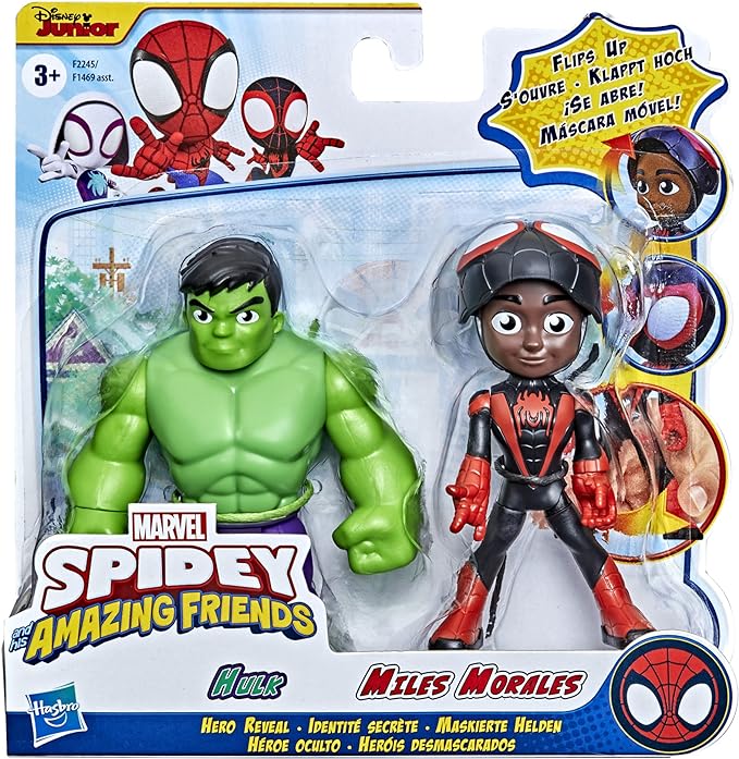 Hasbro Spidey and His Amazing Friends Marvel Hero Reveal 2-Pack,-Action Figures,-Mask Flip Feature, Miles Morales: Spider-Man and Hulk, 3 and Up - Figurio