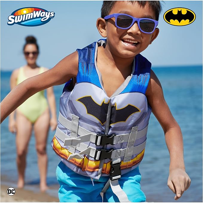 SwimWays DC Swim Trainer Life Jacket, US Coast Guard Approved Life Vest Kids Swim Vest, Pool Floats & Life Jackets for Kids 33-55 lbs, Batman - Figurio