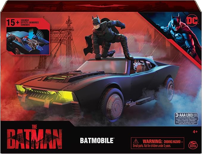 DC Comics, Batman Batmobile with 4” Batman Figure, Lights and Sounds, The Batman Movie Collectible, Kids Toys for Boys and Girls Ages 4 and up - Figurio